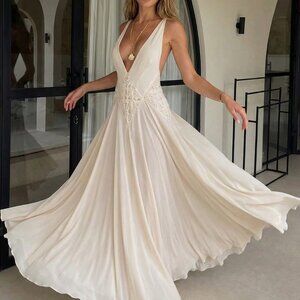 Apricot Elegant Women's Maxi Dress Deep V-Neck Mesh Patchwork Backless A-Line